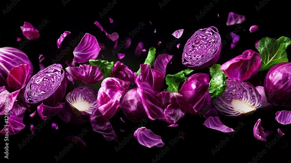Poster vibrant display of falling sliced red cabbage on dark background for eye-catching visual design