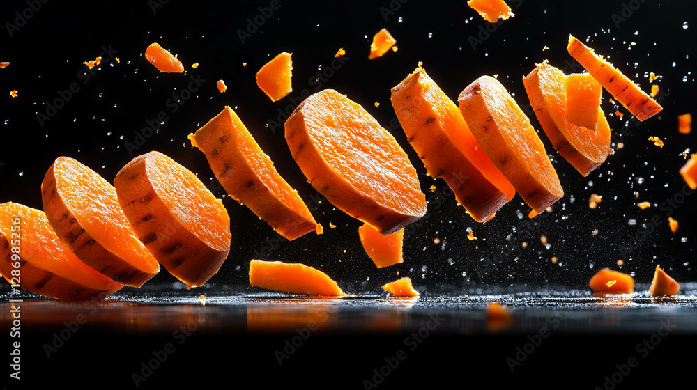 Poster dynamic display of falling sliced sweet potatoes on dark background for culinary and food design
