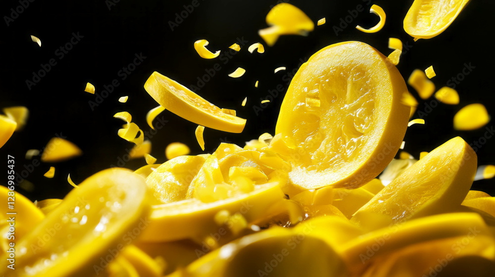 Poster dynamic display of falling yellow squash slices on dark background for food art design