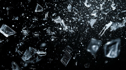 Falling snow crystals and intricate ice fragments on dark background