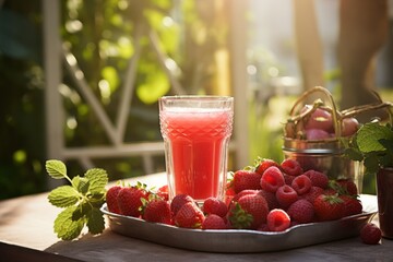 Vibrant raspberry strawberry juice with mint and ice, fresh berries, sunlit garden backdrop