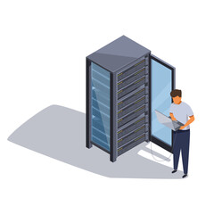 isometric system administrator configuring server, vector illustration