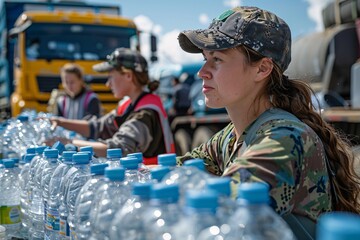 A group of volunteers in camouflage uniforms is busy distributing water bottles to those in need during a disaster relief effort