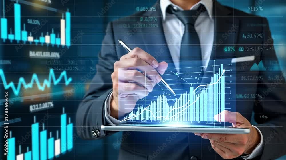 Poster man in a suit is drawing on a tablet with a pen, while a screen behind him displays various graphs. 