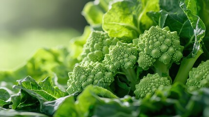 Fresh green romanesco broccoli with vibrant leaves, showcasing its unique fractal patterns against a blurred green background.