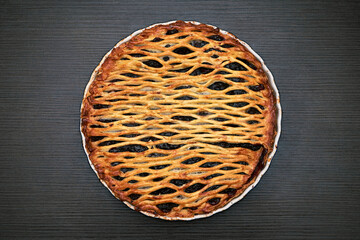 Delicious homemade lattice pie with a golden-brown crust and dark fruit filling, freshly baked in a...