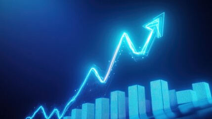Growing Business Bar Graph with Blue Glowing Arrow Pointing Upwards