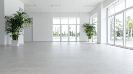 Empty modern office interior with large windows overlooking city. Potential use showcasing a new office space