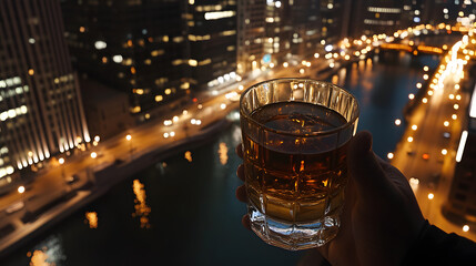 celebrating success drinking a glass of whysky ron gintonic city view skyscraper