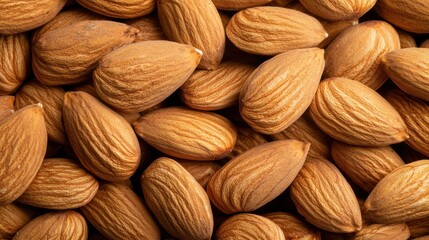 Fototapeta premium A close-up view of raw almonds, showcasing their textured brown shells and natural shapes, highlighting their nutritious and versatile nature.
