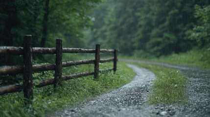 Rain-soaked forest path, rustic wooden fence, tranquil scene