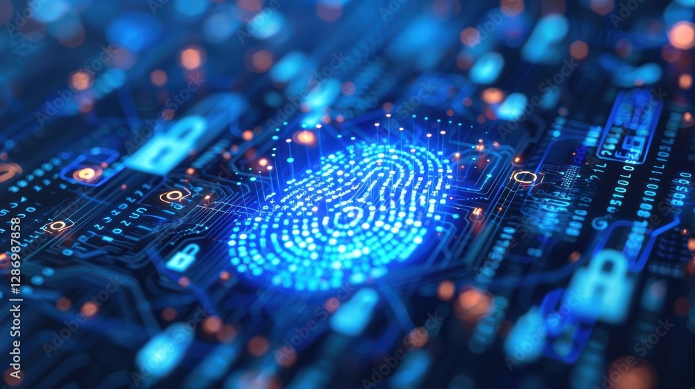Poster advanced biometric cybersecurity concept with glowing blue fingerprint and encrypted patterns