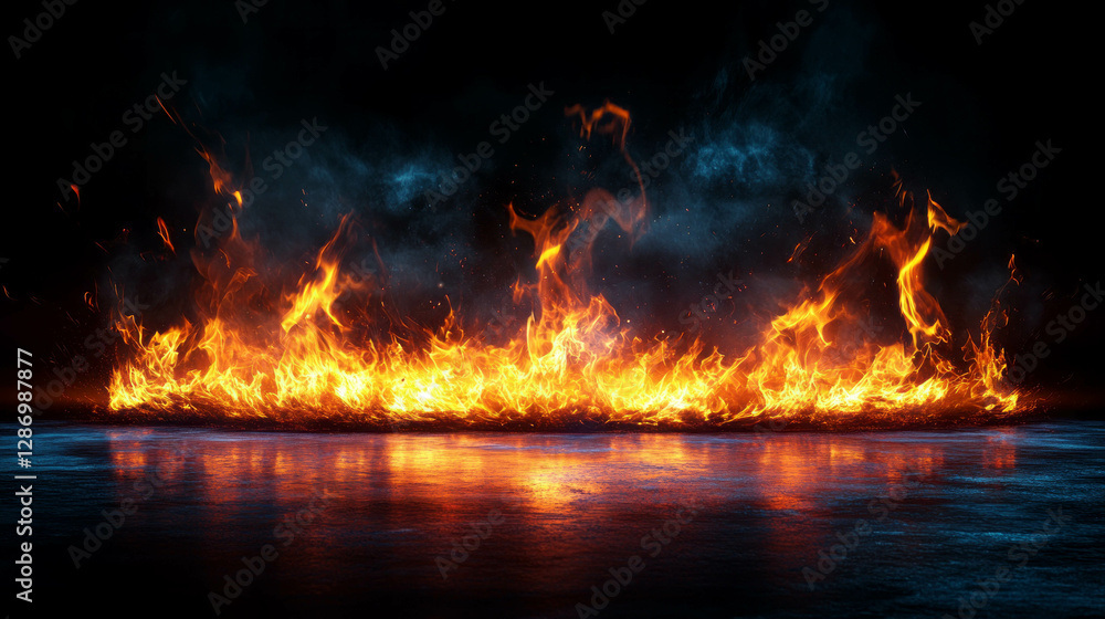 Poster fiery background with large sparks and bright flames for dynamic design and visual impact