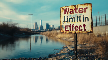 Obraz premium Rusty Water Conservation Sign with Urban Skyline
