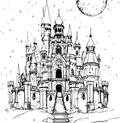 castle, palace, coloring page, vector, black