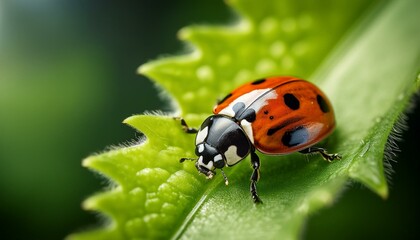 Fototapeta premium Macro shot of a ladybug resting on a vibrant green leaf, capturing intricate details of its wings and tiny legs, with bright natural lighting.
