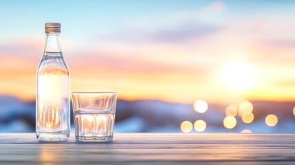 Refreshing Water Bottle and Glass Against a Stunning Sunset Background