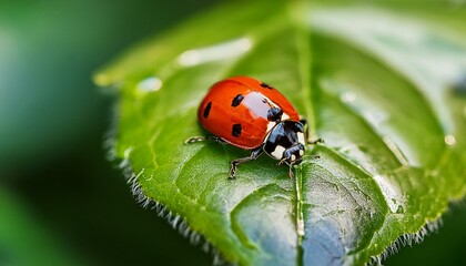 Fototapeta premium Macro shot of a ladybug resting on a vibrant green leaf, capturing intricate details of its wings and tiny legs, with bright natural lighting.