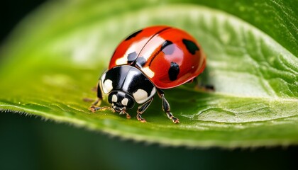 Fototapeta premium Macro shot of a ladybug resting on a vibrant green leaf, capturing intricate details of its wings and tiny legs, with bright natural lighting.