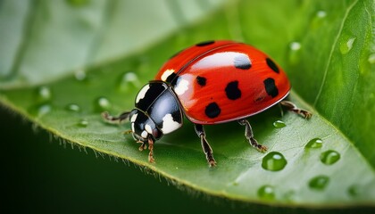Obraz premium Macro shot of a ladybug resting on a vibrant green leaf, capturing intricate details of its wings and tiny legs, with bright natural lighting.