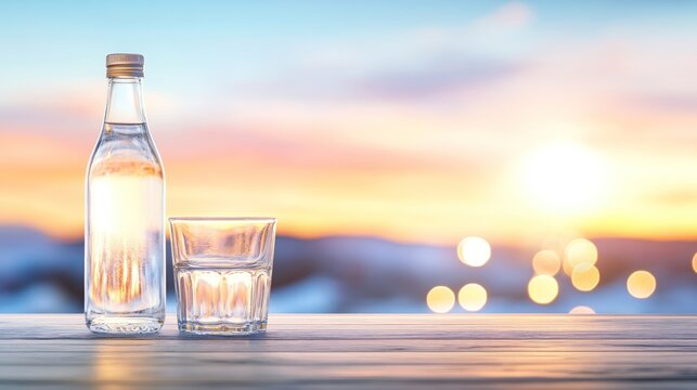 Refreshing Water Bottle and Glass Against a Stunning Sunset Background