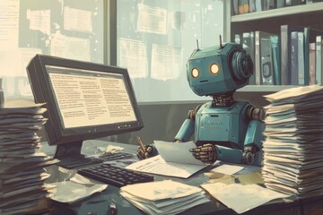 Robot diligently sorting through paperwork in a busy office filled with documents and technology