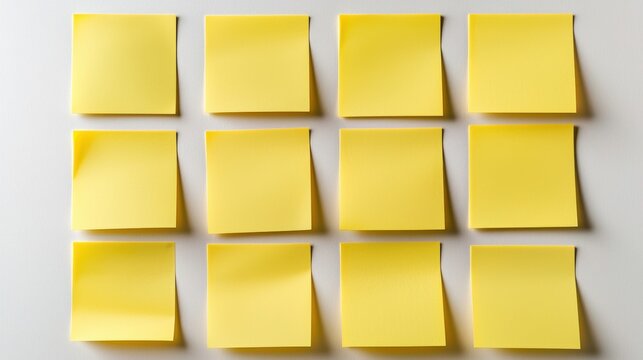 A grid of twelve yellow sticky notes arranged neatly on a white surface, ready for notes, reminders, or brainstorming ideas.