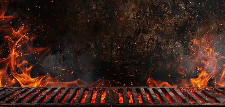 Hot empty portable barbecue BBQ grill with flaming fire and ember charcoal on black background