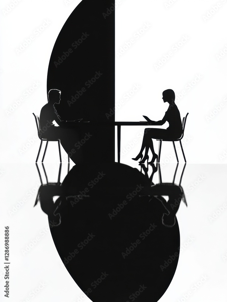 Poster two individuals in shadow silhouette engaged in a conversation at an elegant table in a minimalist s