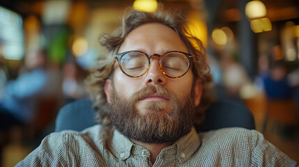 Tranquil Moment: Person with Glasses Resting in Serene Contemplation, Seeking Inner Peace and Gentle Relaxation, for Meditation or Quiet Time