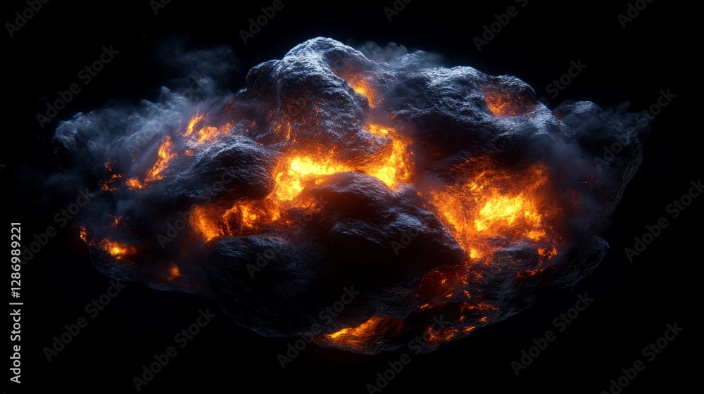 Poster dramatic scene of flames engulfing a dark object on black background for dynamic design