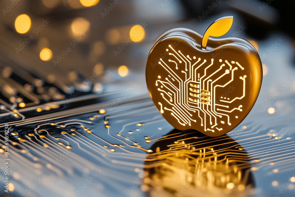 Poster a golden apple with intricate circuit patterns stands prominently on a reflective surface. it captur