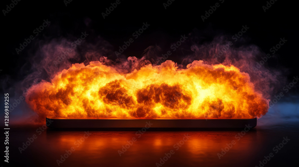 Poster fiery explosion engulfing object on dark background for dramatic visuals