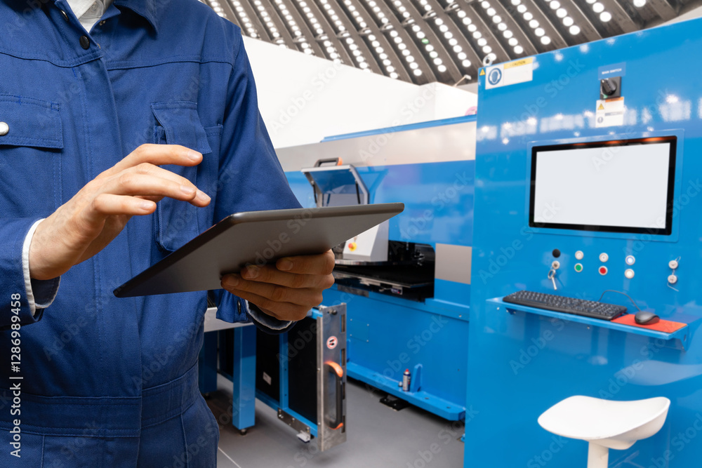 Aufkleber engineer uses a digital tablet to control cnc in a smart factory. smart industry 4.0 concept.