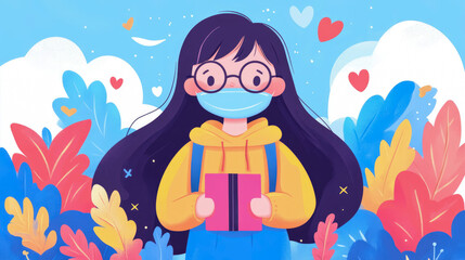 Naklejka premium Back to School During Pandemic: Young student with mask and book amid leaves and hearts for education poster