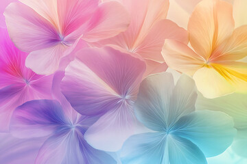 Fototapeta premium Vibrant abstract floral pattern, Translucent colorful petals, Soft gradient background, Dreamy watercolor effect, Overlapping flower shapes, Rainbow hues, Delicate leaf textures, Ethereal botanical il