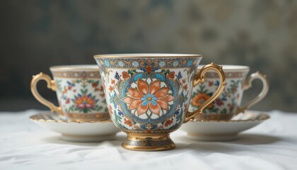 Fototapeta premium Elegant Tea Cups with Intricate Floral Designs on White Fabric