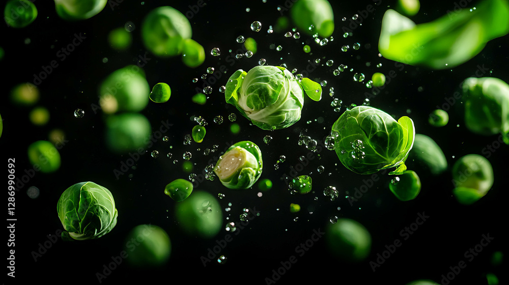Poster dynamic scene of floating brussels sprouts in motion