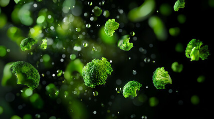 Fresh floating broccoli florets on dark background for healthy food concept design