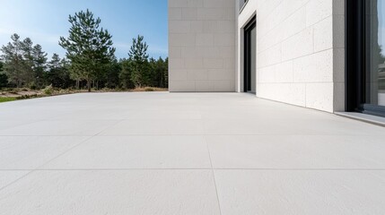 Modern house patio, light stone flooring, sunny day, peaceful outdoor space, ideal for relaxation