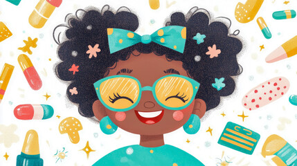 Happy Little Girl with Medicine: Whimsical Healthcare Illustration for Children's Educational Material