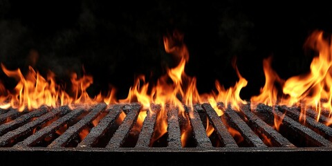 Hot empty portable barbecue BBQ grill with flaming fire and ember charcoal on black background