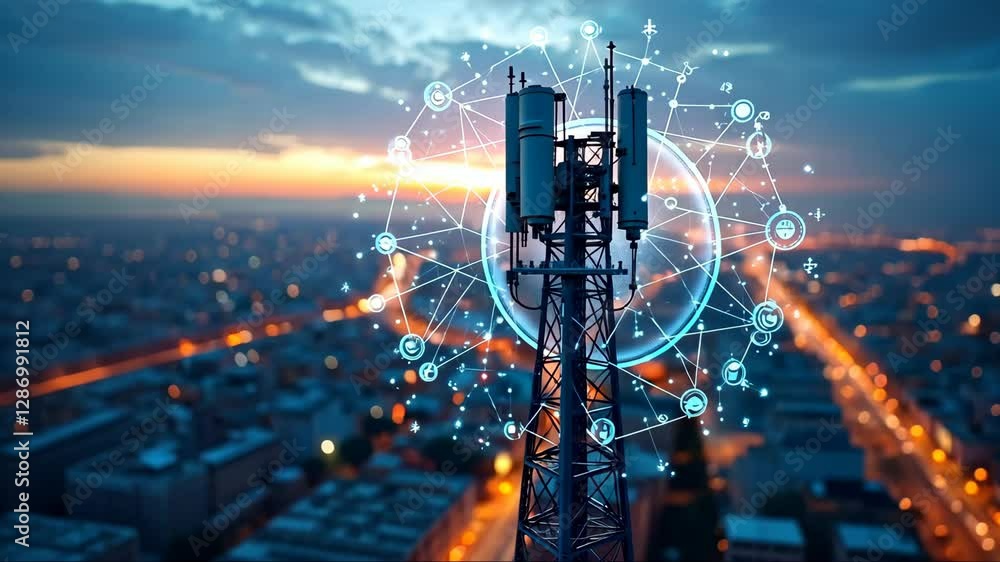 Poster Tower with a blue circle around it with many lines and dots. The tower is surrounded by a city with lights and buildings. Concept of technology and connectivity