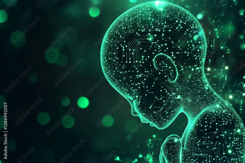 Poster digital child figure made of intricate circuit patterns is gazing thoughtfully amid a background of 
