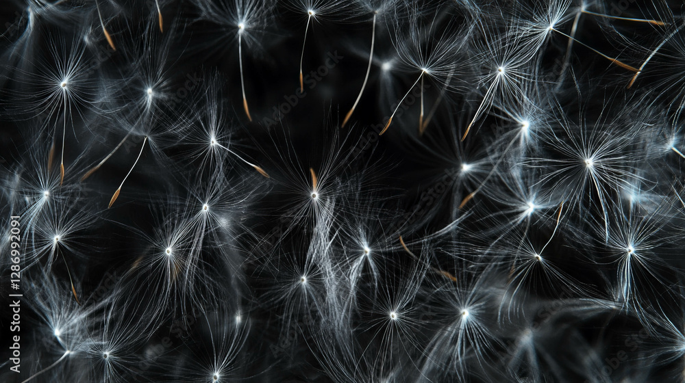 Poster ethereal background of floating dandelion seeds on a delicate breeze