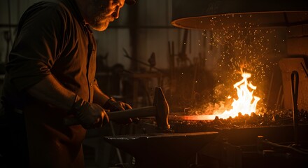 Professional blacksmith working at forge with hammer and anvil in dark workshop. Traditional metal crafting with sparks flying. Ancient artisan craft in modern workshop