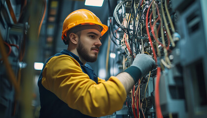 Factory worker. Man working on the cables and wires