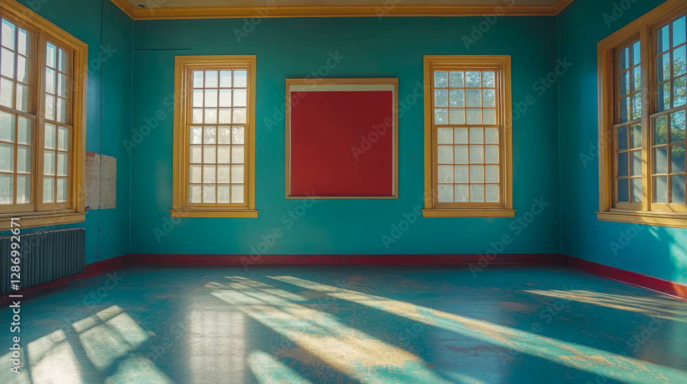 Poster hallway in a public building in an old colorful style with turquoise walls and sunrays coming throug