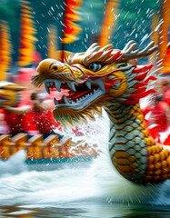 Dragonboat festival concept: Dragon Boat Energy, intense dragon boat race scene, Dynamic splashes of water and blurred oars in motion create a sense of speed and excitement, Duanwu, Chinese tradition