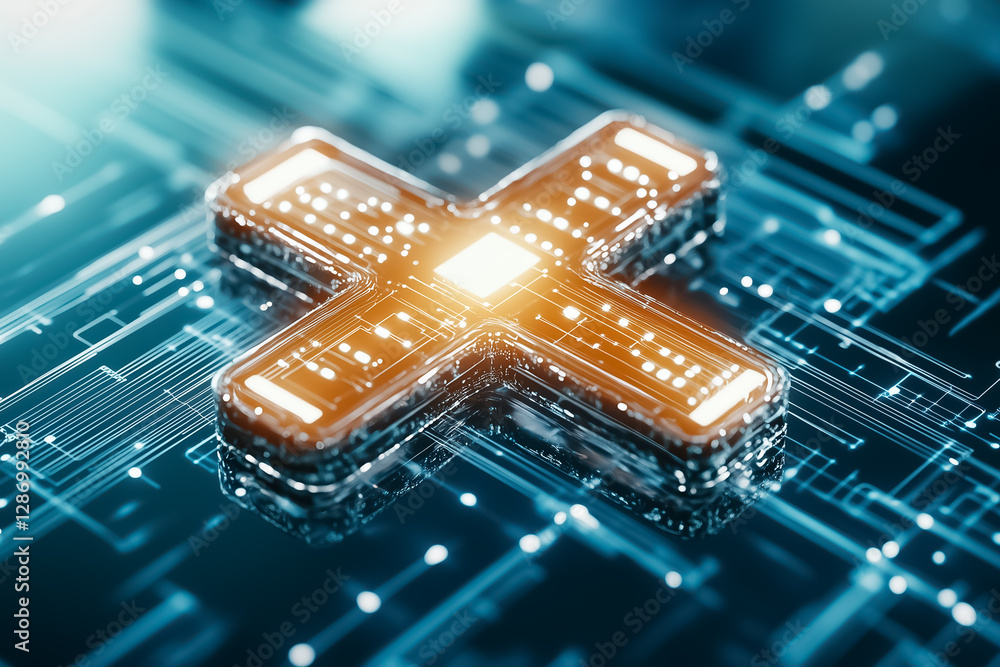Poster a glowing cross symbol is displayed prominently against a backdrop of intricate circuits and digital